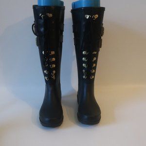 Womens Tory Burch Black Lace-Up Lug Sole Rain Boots 9 *